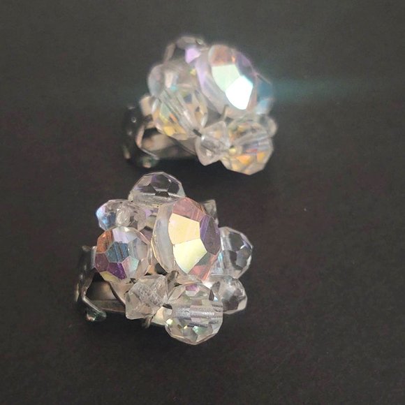 Vintage crystal and aurora borealis clip on earrings - Picture 3 of 7